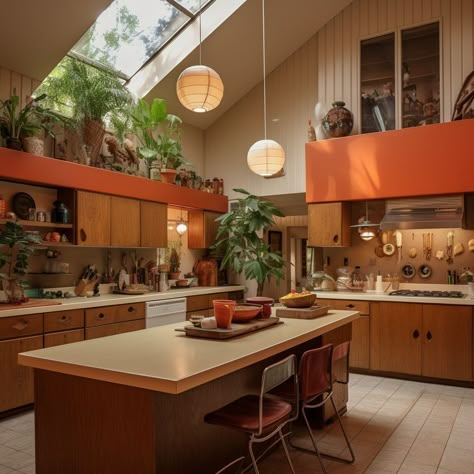 70s Home Architecture, 70s Mid Century Kitchen, 70s Modern Interior Design Kitchen, 70s Modern Interior Design Living Room, 70s Kitchen Modern, 60s Mid Century Modern House, Japanese Inspired Home Design, Retro 60s Kitchen, 70s Decor Kitchen