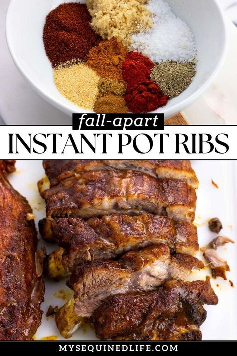 Saucy, fall-apart ribs on a cutting board and a bowl of dried seasonings.