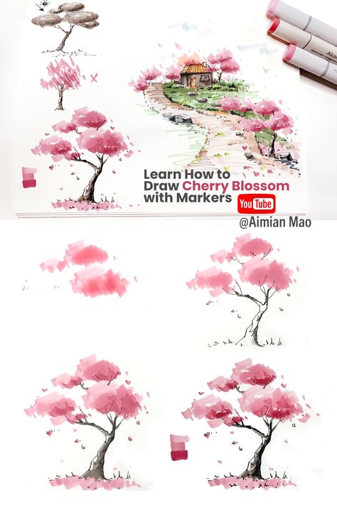 Cherry Blossom Drawing with Markers Tutorial Cherry Blossom Marker Drawing, Cherry Blossom Sketch Drawings, Nature Alcohol Markers, Arts With Markers, How To Draw Trees With Markers, Paint Marker Tutorial, Tree Drawing With Markers, Drawing Inspo Alcohol Markers, Nature Marker Art