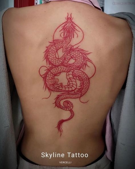 Imagine Dragons Tattoo, Dragon Tattoo Back, Red Dragon Tattoo, Dragon Rouge, Chinese Dragon Tattoos, Cute Hand Tattoos, Dragon Tattoo For Women, Spine Tattoos For Women, Red Ink Tattoos