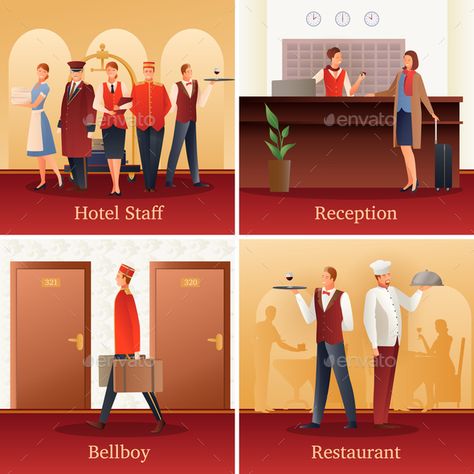 Hotel staff 4 flat gradient icons concept with with reception front desk clerk and bellboy isolated vector illustration Front Office Hotel, Hotel Illustration, Gradient Icons, Hotel Plan, Hotel Services, Hotel Staff, Front Office, Hotel Project, Hotel Management