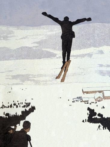 size: 12x9in Giclee Print: Ski Jumping, C.1928 (Illustration) : Skiing Art, Air Photo, Ski Jumping, Winter Scenery, Large Picture Frames, Photo Puzzle, Wonderful Images, Picture Library, Olaf