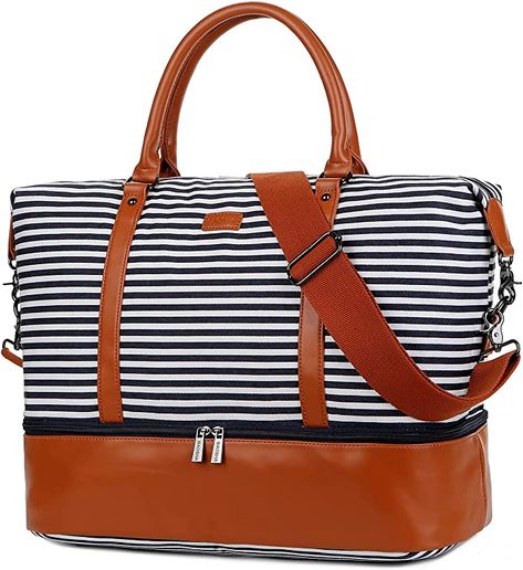 Amazon.com | Baosha HB-28 Ladies Women Canvas Travel Weekender Bag Overnight Carry-on Duffel Tote Bag (Blue Strips with Shoe Compartment) | Travel Totes Best Carry On Bag, Canvas Weekender Bag, Sac Week End, Travel Tote Bag, Duffel Bag Travel, Travel Tote, Overnight Bag, Black Tote Bag, Duffel Bag