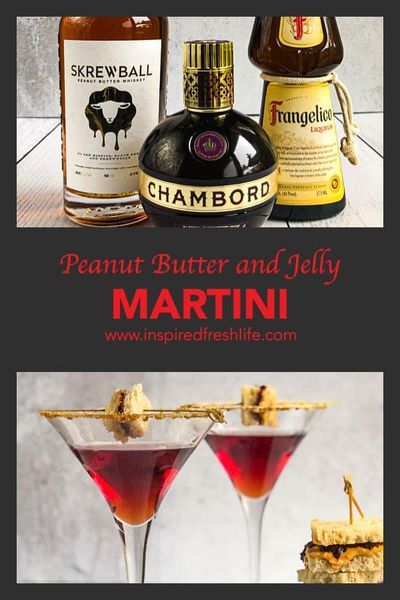 This Peanut Butter and Jelly Martini definitely conjures memories of the childhood classic. It's a little sweet, with a kick for balance from the whiskey. One taste and you'll be hooked. #martini #cocktails #happyhour #inspiredfreshlife Peanut Butter And Jelly Martini, Peanut Butter Jelly Cocktail, Peanut Butter Whisky Cocktails, Peanut Butter And Jelly Cocktail, Peanut Butter Martini, Peanut Butter Whiskey Cocktails, Whiskey Martini, Dessert Martini, Whiskey Drinks Recipes