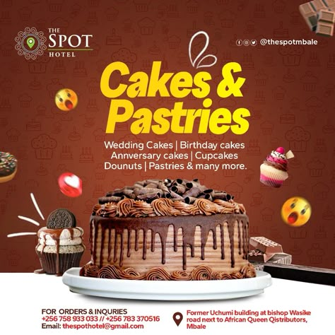 Cakes and Pastries Social-media Flyer Cakes Advertising Design, Birthday Cake Poster Design, Cake Business Flyer Design, Cakes Graphic Design, Cake Pamphlet Design, Cake Flier Designs, Cake And Pastries Flyer Design, Cake Banner Design Advertising, Cakes Poster Design