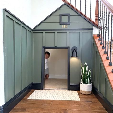 DIY under the stairs play nook Under Stairs Playroom, L Shaped Stairs, Diy Toddler Bed, Hexagon Tile Floor, Porch Plants, Under The Stairs, Indoor Activities For Kids, Under Stairs, Porch Lighting