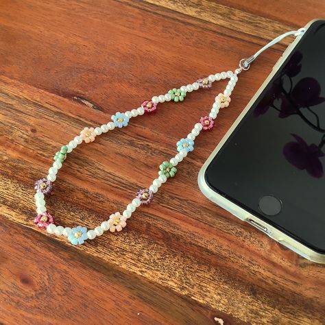 Pearl & beaded flower phone strap, faux pearl and seed bead flowers, colourful daisy charm straps, mobile accessories gift Seed Bead Phone Charm, Flowers Colourful, Pearl Wax, Business Jewelry, Bead Flowers, Seed Bead Flowers, Daisy Charm, Bead Charms Diy, Phone Charms