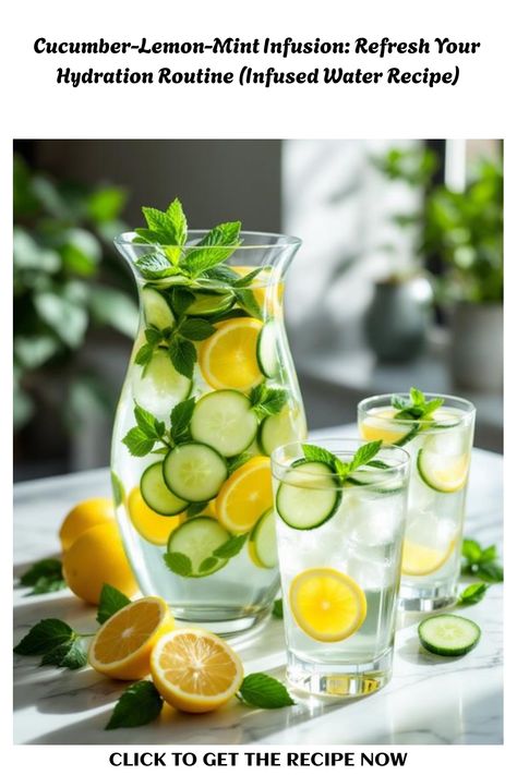 Cucumber-lemon-mint infusion refreshing your hydration routine with cool and crisp flavors. Infused Recipes, Spiced Cocktail, Mint Water, Infused Water Recipes, Chef Inspiration, Festive Drinks, Lemon Mint, Herbal Infusion, Infused Oils