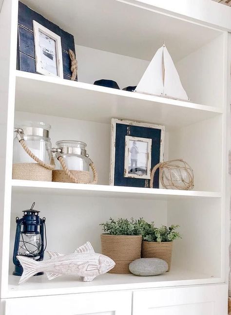 Coastal Shelf Decor, Modern Nautical Decor, Nautical Decor Living Room, Coastal Kitchen Decor, Kitchen Shelf Decor, Floating Shelf Decor, Modern Coastal Decor, House Shelves, Styling Shelves