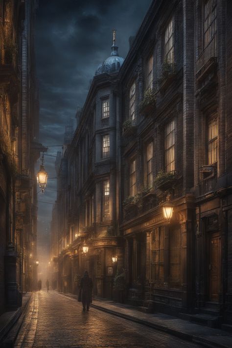 Old london street in the night by Mikael Engblom - Playground London 1800 Aesthetic, Rainy Countryside, Old London Aesthetic, Street In The Night, 1800 Aesthetic, London 1800, London Night, London Aesthetic, Forgotten Realms