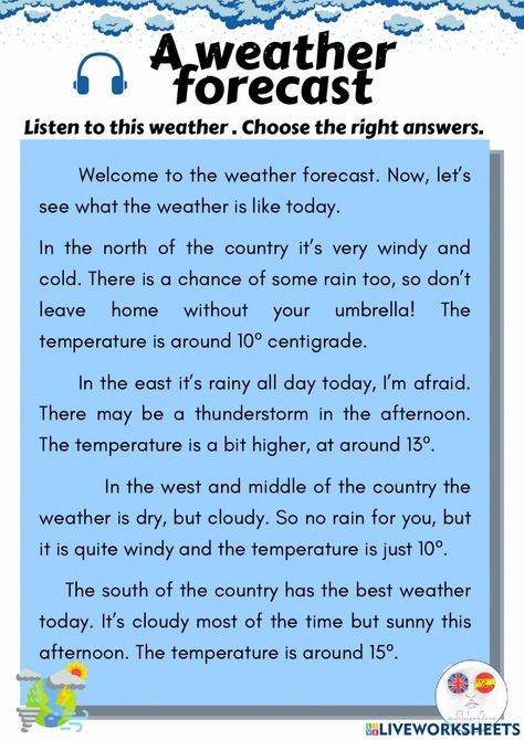 Weather Reading Comprehension Worksheets, Weather Reading Comprehension, Worksheet For 1st Grade, Weather Esl, Reading Comprehension Test, Weather Worksheets, Reading Comprehension For Kids, Esl Reading, Reported Speech