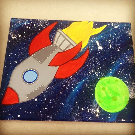 Rocket Ship Painting, Spaceship Painting, 5x7 Painting, Blow Paint, Ship Paintings, Space Rocket, Rocket Ship, Hippie Art, Fun Crafts For Kids