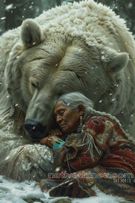 This evocative image symbolizes the profound connection between Native American culture and the animal world. A wise elder, draped in traditional regalia, rests peacefully against the mighty polar bear, a creature revered for its strength, courage, and spirit. The bond between them represents harmony, unity, and respect for nature's creatures—fundamental values within Native American traditions. The snowfall and serene surroundings reflect the peace of this powerful moment. This canvas captures the sacred relationship between humans and animals, reminding us of the wisdom and guidance that can be drawn from the natural world. Cartoon Fantasy Art, Sacred Relationship, Funny Picture Gallery, Totem Animals, Native American Flute, American Quotes, Native American Quotes, Humans And Animals, Native American Artwork