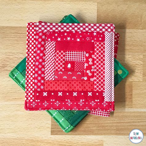 coasters in red and green Log Cabin Mug Rug Pattern, Quilted Log Cabin Coasters, Log Cabin Coasters, Log Cabin Mug Rugs, Christmas Coasters Diy Sewing, Quilted Coasters How To Make, Quilted Coasters Patterns Free, Christmas Coasters Diy, Easy Quilt Projects