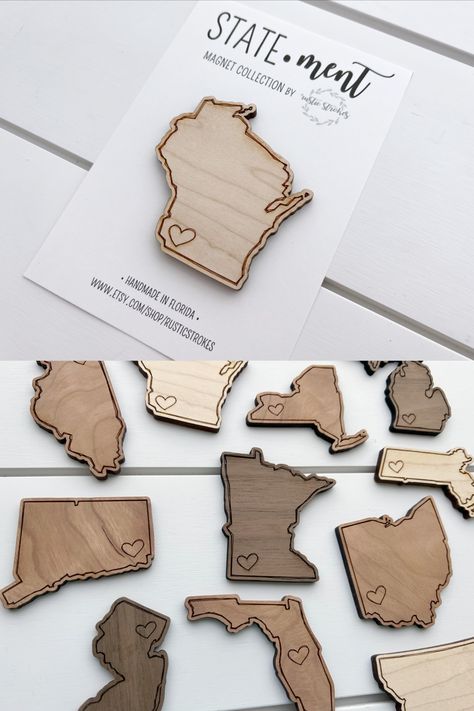 Show off your state pride with this State•ment magnet! This Wisconsin magnet is laser engraved and cut. Making a great small gift, this Wisconsin wood magnet is perfect as a moving or housewarming gift, graduation gift, stocking stuffer, or "just because" or "treat yourself" gift. Every wooden piece comes with a powerful little magnet on the back, perfect for using at home or at the office. Unique Laser Projects, Engraved Gifts For Him, Sculpfun S9 Laser Projects, Laser Cut Magnets, Wood Cricut Projects, Laser Gift Ideas, Laser Engraver Projects, Laser Cut Projects Ideas, Laser Engraving Ideas Projects