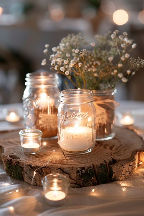 Create a romantic glow at your wedding with candle centerpieces. See more inspiration here. White Birch Centerpiece Wedding, Table Decorations Anniversary Party, Romantic Intimate Wedding Decor, Simple Vintage Centerpieces, Tea Lights In Mason Jars, Wedding Fall Table Centerpieces, Diy Simple Table Centerpieces, November Wedding Centerpieces Diy, Centerpieces For Wedding Reception Diy