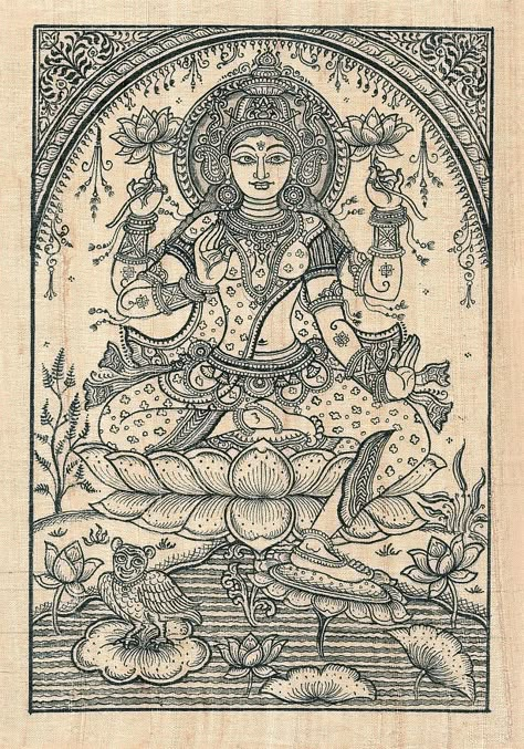 Lotus Goddess, Devi Lakshmi, Hindu Cosmos, Ancient Drawings, Kalamkari Painting, Kerala Mural Painting, Painting Water, Pichwai Paintings, Hinduism Art