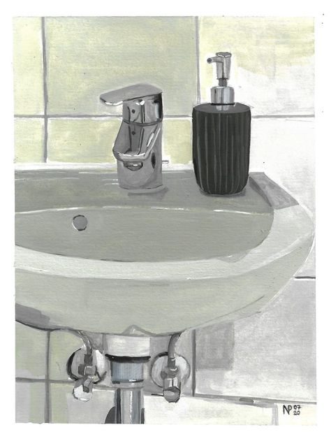 "Not to brag, but I was washing my hands before it became cool." 😉 - washbasin, gouache painting, reflections Wash Basin Drawing, Sink Drawing, Bathroom Paintings, Bathroom Drawing, Surrealism Drawing, Mirror Drawings, Colorful Minimalist, Toilet Sink, Bath Sinks