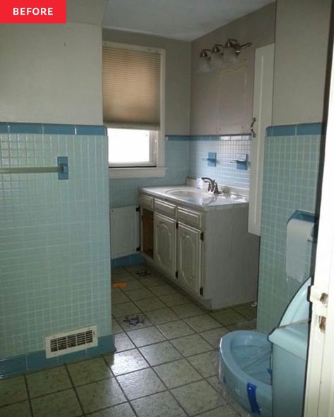 Dated blue tiled bathroom before renovations Old Blue Tile Bathroom, Vintage Blue Tile Bathroom, Blue Tiled Bathroom, Light Blue Tile, Light Blue Bathroom, Vintage Inspired Bathroom, Blue Tile Wall, Tiled Bathroom, Beadboard Wainscoting