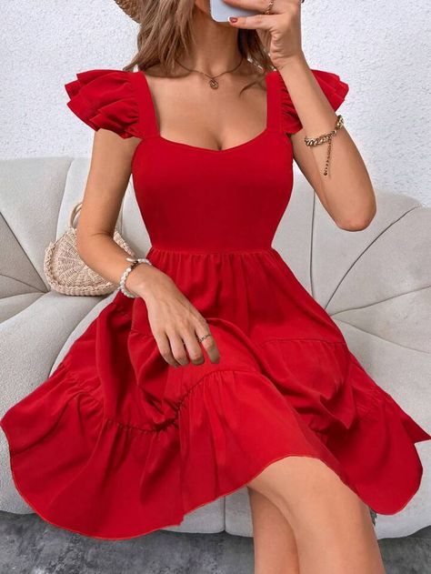 SHEIN Privé Solid Color Hollow Out Mini Dress With Peplum Hem & Flutter Sleeves, Backless | SHEIN EUQS Cute Red Dresses, Dress With Ruffle Hem, Red Summer Dresses, Red Dresses Classy, White Apron, Dress For Short Women, Red Mini Dress, Event Dresses, Ruffle Hem