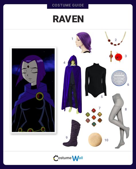 Get the cosplay outfit like Raven a member of the DC Comics superhero group Teen Titans on Cartoon Network. Cartoon Network Halloween Costumes, Raven Makeup Teen Titans, Raven Teen Titans Go Outfit Halloween, Raven Teen Titans Go Outfit, Cartoon Network Cosplay, Raven Cosplay Makeup, Cartoon Network Costumes, Teen Titans Raven Costume, Halloween Costumes Superhero