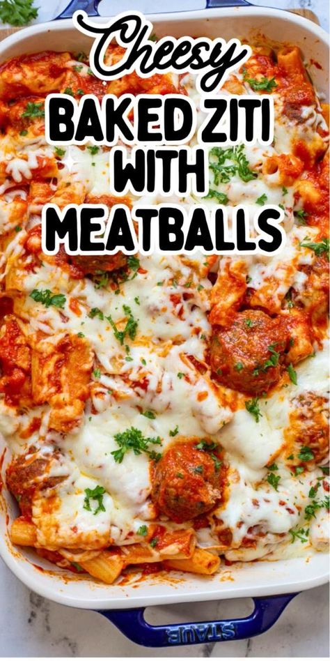 Baked ziti with meatballs in a casserole dish. Baked Ziti Meatballs, Quick Hamburger Meat Recipes, Ziti With Meatballs, Baked Ziti With Meatballs, Dinners For Busy Families, Best Baked Ziti, Easy Ground Beef Dinner, Baked Italian Meatballs, Italian Recipes Pasta