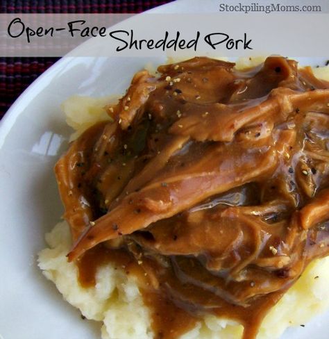 Open-Face Shredded Pork is a great recipe to use up any leftover shredded pork you may have. A couple weeks ago I posted a crockpot recipe --> Crockpot Coca-Cola Pork Roast. I had left overs so I came up with this Open-Face Shredded Pork recipe idea. All you need to make the delicous pork is the left over shredded pork and a jar of gravy. Mix them together and serve over some mashed potatoes. I used this recipe for my potatoes -->Secret Ingredient Mashed Potatoes. Be sure to “PIN” this great rec Pork Tenderloin With Sweet Potatoes, Leftover Shredded Pork, Chicken Breakfast Sausage, Sweet Potatoes And Apples, Shredded Pork Recipes, Potatoes And Apples, Leftover Pork Roast, Pulled Pork Leftover Recipes, Meaty Meals