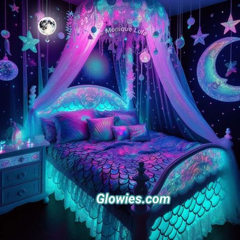 Galaxy Themed Bedroom, Mermaid Room Aesthetic, Galaxy Room Ideas, Mermaid Bed, Moon Mermaid, Galaxy Bedroom, Galaxy Room, Monique Lula, Gothic Decor Bedroom