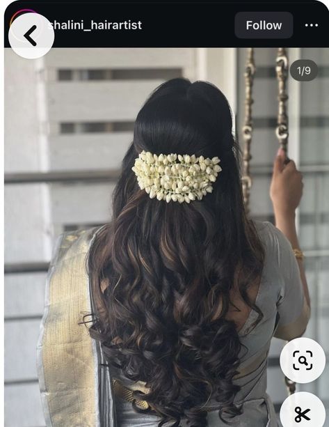 Indian Half Updo, Simple Hairstyles With Flowers, Long Indian Hairstyles, Kerala Bride Open Hairstyle, Hairstyle On Traditional Saree, Engagement Hairstyles For Long Hair, Hairstyles For Onam Look, Hairstyles For Saree With Flowers, Long Hair Styles Traditional