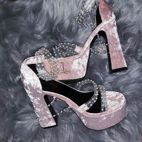 Purchased from Dolls Kill * As seen in Ariana Grande's 7 rings video 💞 7 Rings Video, Rings Video, Velvet Platform Heels, Pearls Chains, Chains Women, Plastic Girl, Dolls Kill Shoes, Fashion Shoes Heels, Beaded Ankle