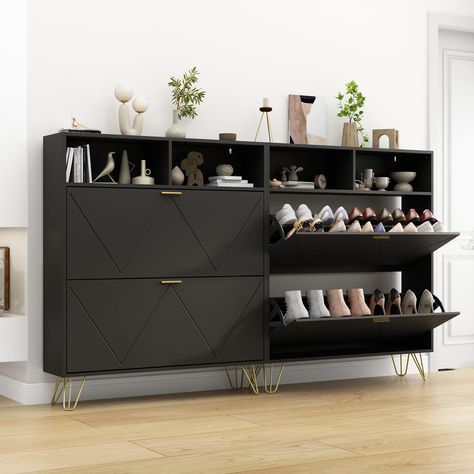 PRICES MAY VARY. 👟Upgraded--Large Slim Shoe Cabinet: This NOVAMAISON’s entryway shoe storage cabinet offers 2 flip doors, giving you ample room to store shoes. The hidden shoe cabinet can hold up to 16-20 pairs of shoes. The panel can be adjusted or removed in two grooves to accommodate different heights and sizes of flats, mid boots or heels! The extra added bottom storage can store slippers further increases storage capacity, and it is also convenient for daily cleaning. The top storage cubby Shoe Cabinet Entryway Overstock, Hidden Shoe Storage Entryway Ikea, Built In Hallway Coat And Shoe Storage, Coat And Shoe Storage Entryway Electrics, Ikea Hemnes Shoe Cabinet Paint, To To Raise Height Ikea Hemnes Shoe Cabinet, Entryway With Shoe Cabinets, Entryway Table With Drawers Modern, Console Cabinet Modern Entrance