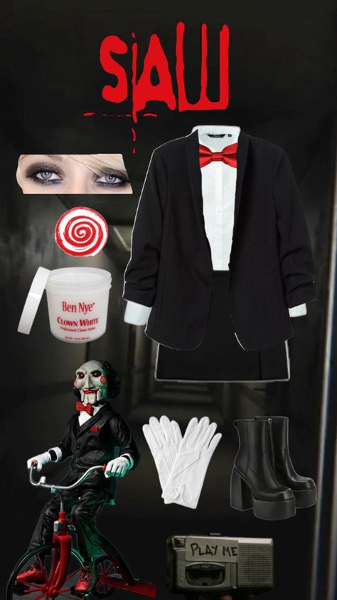 saw movies jigsaw Female Saw Costume, Jig Saw Halloween Costume, Saw Costume Female, Jigsaw Cosplay, Saw Cosplay, Jigsaw Costume Women, Saw Halloween Costume, Saw Costume, Saw Makeup