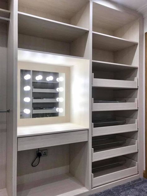 Walk In Closet With Vanity Mirror, Wardrobe Design Bedroom With Vanity, Built In Closet Wall With Vanity, Small Walk In Wardrobe With Vanity, Small Master Closet With Vanity, Small Closet With Vanity Built In, Build In Wardrobe With Dressing Table, Walk In Wardrobe With Vanity, Built In Wardrobe Ideas With Vanity