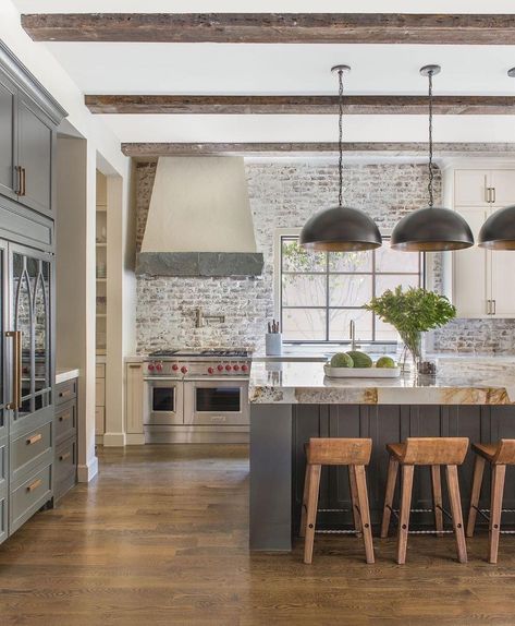 Beautiful kitchen, love the brick. . @costachristmedia @jennyoconnorstudio @morganfarrowinteriors . . . . . #kitchendesign#cottagestyle… Painted Brick Backsplash, White Brick Backsplash, Brick Backsplash Kitchen, Grey Kitchen Island, White Wash Brick, Brick Kitchen, Brick Backsplash, Stone Backsplash, Smitten Kitchen