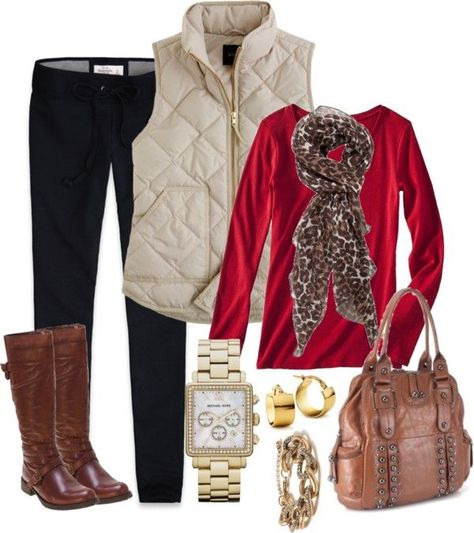 9aa42b31882ec039965f3c4923ce901bdesc49211245ri Red Shirt Winter Outfit, Beige Vest Outfits For Women, Animal Scarf, Cream Vest, Beige Vest, Leopard Scarf, Jeans Brown, White Vest, Over 60 Fashion