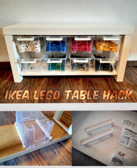 Ikea Lack + 8x Samla + 4x Gubarb Lack Lego Table, Lego Storage Ideas Ikea, Ikea Samla, Lego Station, Lego Storage Organization, Ikea Hack Kids, Playroom Table, Lego Bedroom, Lego Organization