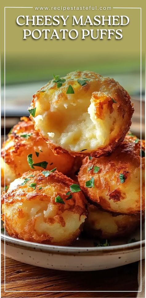 These Cheesy Mashed Potato Puffs are crispy on the outside, fluffy and cheesy on the inside—a perfect way to use up leftover mashed potatoes! With a blend of cheddar and Parmesan cheeses, this dish makes a great snack, side, or appetizer. Mash Potato Fritters, Things To Make With Small Potatoes, How To Use Up Mashed Potatoes, Cheesy Mashed Potato Puffs Recipe, Crispy Potato Puffs, Extra Potato Recipes, Cheesy Potato Cakes, Mashed Potatoes Appetizer, Appetizer Recipes With Potatoes