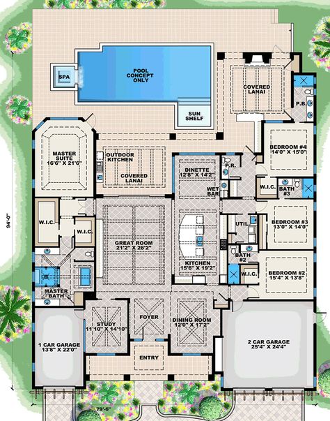 House Plan 75987 - Florida Style with 4027 Sq Ft, 4 Bed, 4 Bath, 1 Half Bath | COOLhouseplans.com Coastal House Plans One Story, House Plans With Pool, Home Floorplans, Florida House Plans, Modern Floor Plans, Floor Plan Ideas, Coastal House Plans, House Coastal, Courtyard House Plans