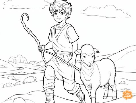 illustration of David the Shepherd Boy theme coloring David The Shepherd, David Bible, Youth Bible Study, Countryside Life, Bible Crafts Sunday School, Mandala Turtle, Boy Coloring, Boy Printable, Coloring Page For Adults