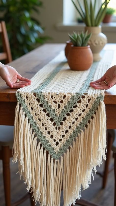 Crochet Table Runner Crochet Rustic Table Runner Free Pattern, Crocheted Table Runners Free Patterns, Table Runner Free Pattern, Crochet Table Runners, Table Runner Ideas, Boho Table Runner, Gorgeous Crochet, Crochet Table, Crochet Table Runner