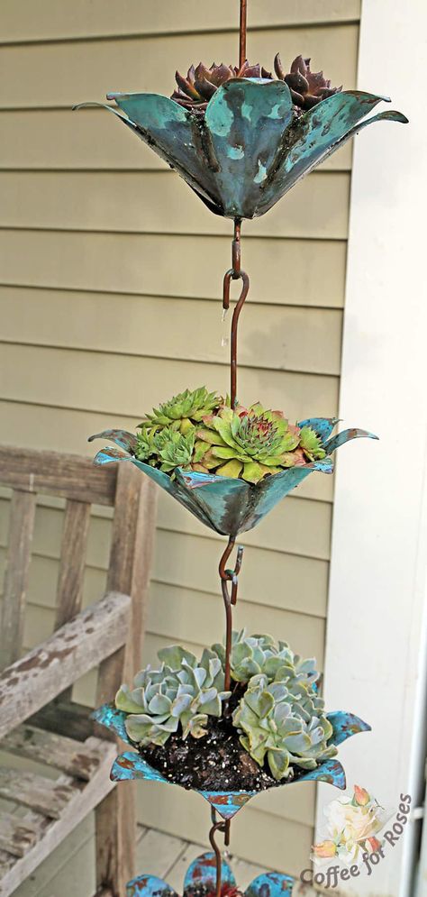 Plant A Rain Chain | Coffee For Roses Diy Rain Chain Dollar Stores, Wine Bottle Rain Chain Diy, Outdoor Butterfly Decor, Diy Rain Chain How To Make, How To Make A Rain Chain, Rain Chain Diy, Trough Garden, Garden Boutique, Carillons Diy