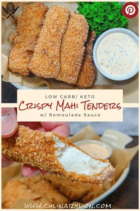 breaded mahi fingers served in a basket with remoulade dipping sauce Pork Rind Breading, Fried Mahi Mahi, Low Carb Crab Cakes, Keto Pork Rinds, Air Fried Fish, Mahi Mahi Recipes, Fried Seafood, Pork Rind, Crispy Fish