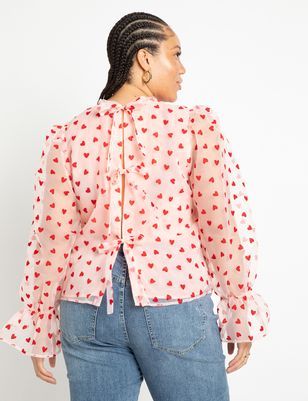 Velvet Hearts, Heart Print Blouse, White Short Sleeve Tops, Plus Size Designers, Stylish Blouse, Bow Back, Puff Sleeve Blouse, Long Puff Sleeves, Sell Out