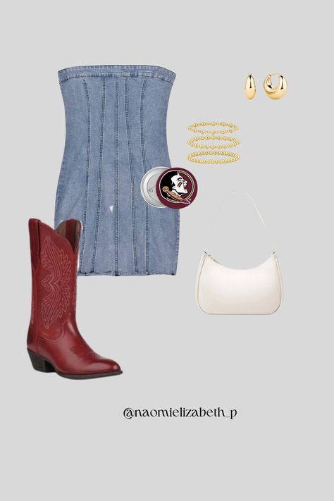 denim dress outfit inspo for florida state! click link for full outfit details on amazon :) #fsu #floridastateuniversity #gameday #footballgame Florida State Game Day Outfit, Fsu Outfits, Fsu Gameday Outfit, Fsu Gameday, Denim Dress Outfit, Florida State University, Gameday Outfit, Going Out Outfits, Florida State