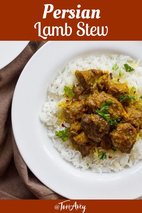 Persian Lamb Stew - Simple flavorful stew with meat, turmeric, and chili pepper flakes. Slowly cooked, tender stew served over basmati rice for an easy Passover meal. #MiddleEasternRecipe #stew #comfortfood #lamb #spicy #TorisKitchen Persian Lamb Stew, Coconut Meat Recipes, Goat Stew, Fusion Cooking, Deli Meat Recipes, Beef Stew Meat Recipes, Vegan Meat Recipe, Lamb Stew Recipes, Crab Meat Recipes