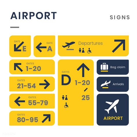 Airport signs icon vector set | free image by rawpixel.com / wan Airport Graphics, Airport Signage, School Signage, Airport Signs, Wayfinding Signage Design, Navigation Design, Design Mockup Free, Sign System, Wayfinding Design