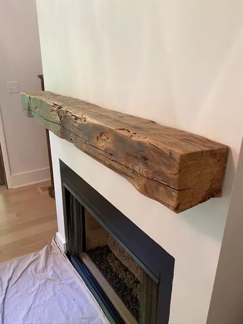 Natural Edge Mantle, Reclaimed Wood Mantle Fireplace Rustic, Wood Block Mantle, Barnwood Mantle Diy, Fireplace With Timber Mantle, Rustic Floating Mantle, Thick Wood Mantle, Mantel Beam Ideas, Reclaimed Beam Mantle