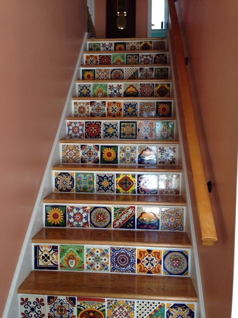 Mosaic Stairs Indoor, Japandi Buffet, Machuca Tiles, Tiled Steps, Mosaic Stairs, Tiled Staircase, Tile Steps, Painted Staircases, Porch Tile