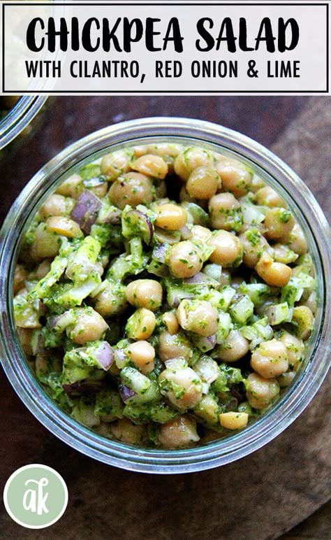 Cilantro-lime chickpeas! This is inspired by a favorite salad offered at the Honest Weight Food Co-op in Albany. It packs well, so it's a great one to make for lunches or picnics. The cilantro-lime dressing is made in the food processor and has a little bit of turmeric and mustard. The rest of the salad is simple: chickpeas + onions + dressing. #chickpeas #dressing #cilantro #lime #turmeric #salad #lunch #togo Salad Lunch, Cilantro Lime Dressing, Favorite Salad, Chickpea Recipes, Lime Dressing, Chickpea Salad, Cilantro Lime, Easy Salads, Limes