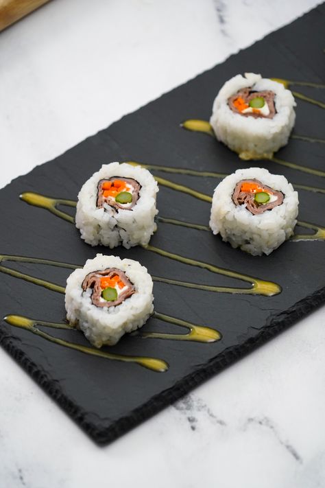 This Nebraska inspired beefshi roll is a creative twist on sushi! In collaboration with the North American Meat Institute (ad), a contractor to the Beef Checkoff, I created this beefshi recipe including roast beef, grilled asparagus, cream cheese and carrots served with a spicy honey mustard.  #processedmeansprepared #BeefCheckoff #EatBeef #Sushi Spicy Honey Mustard, Beef Sushi, Sushi Style, Matchstick Carrots, Prevent Food Waste, Culinary Classes, Eat Beef, Sushi Chef, Honey Mustard Sauce